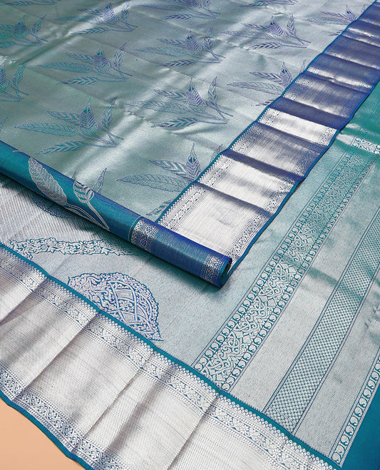 Blue jacquard kanchipuram silk saree, zari border of kodi visiry designs, and intricate pallu