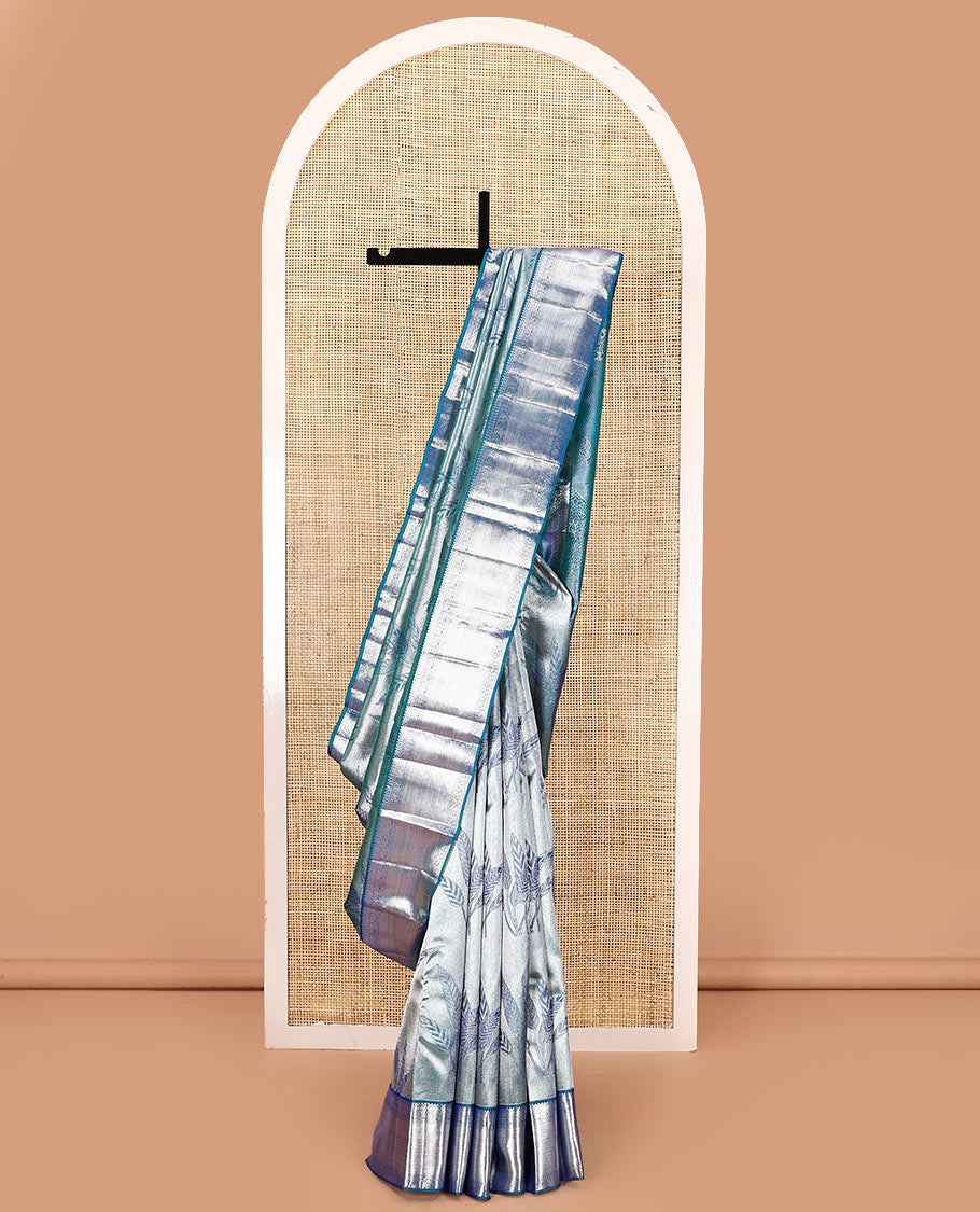 Blue jacquard kanchipuram silk saree, zari border of kodi visiry designs, and intricate pallu