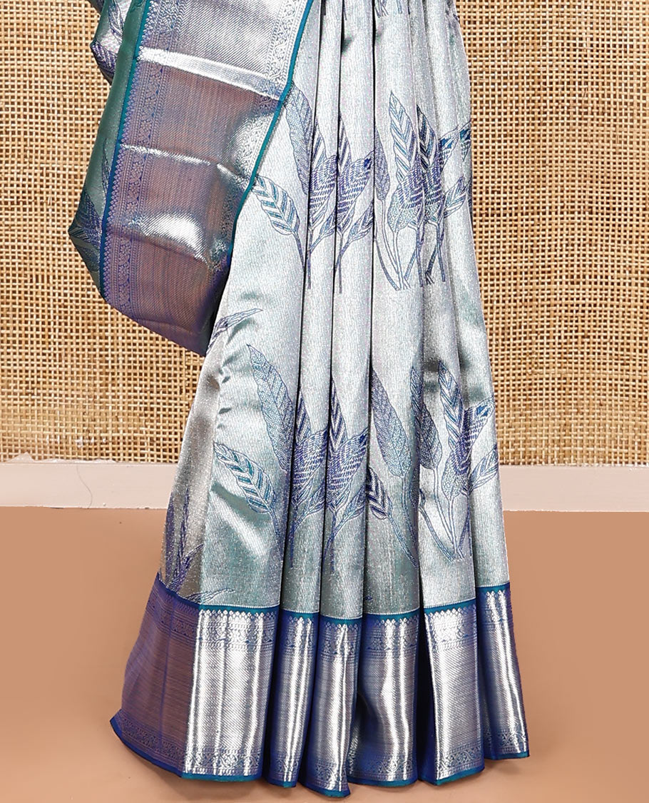 Blue jacquard kanchipuram silk saree, zari border of kodi visiry designs, and intricate pallu