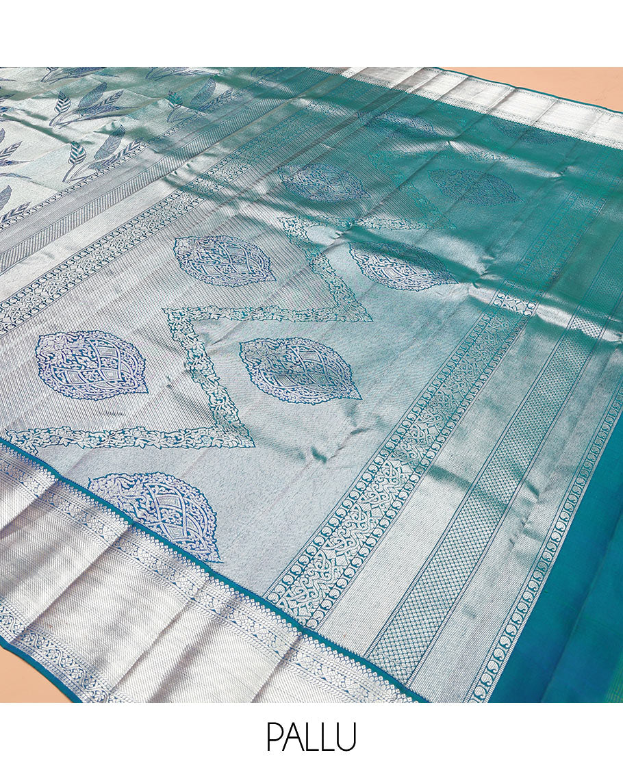 Blue jacquard kanchipuram silk saree, zari border of kodi visiry designs, and intricate pallu