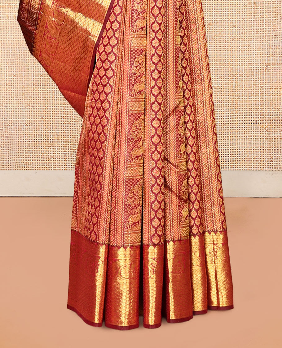 Maroon Kanchipuram Wedding Silk Saree, Embellished with Jacquard Design, Zari Border of Thilakam Mokku, Manga, and Mayil Kann Designs, Grand Pallu, and a Matching Blouse