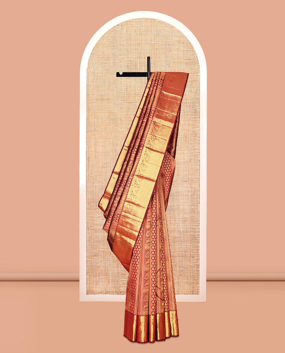 Maroon Kanchipuram Wedding Silk Saree, Embellished with Jacquard Design, Zari Border of Thilakam Mokku, Manga, and Mayil Kann Designs, Grand Pallu, and a Matching Blouse