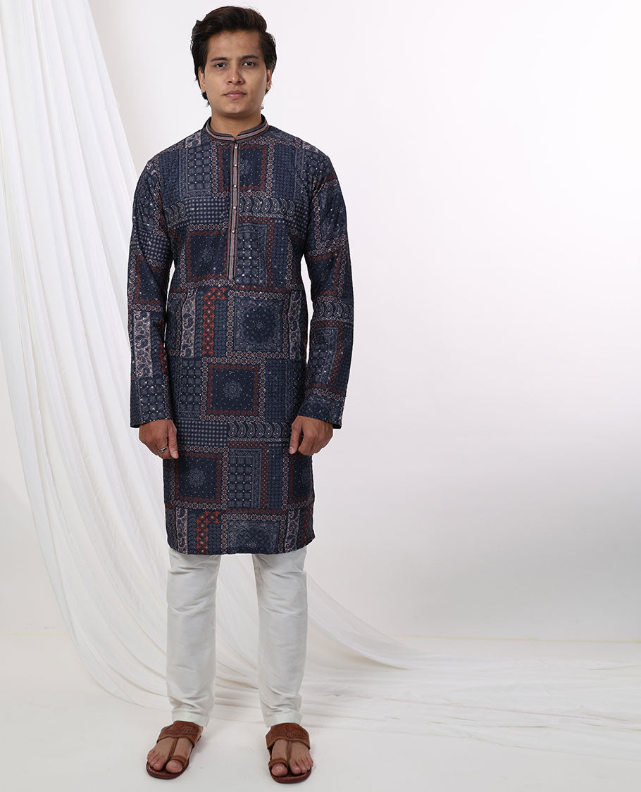 Blue floral design with mirror work mandarin collar & full-sleeve long raw silk kurta
