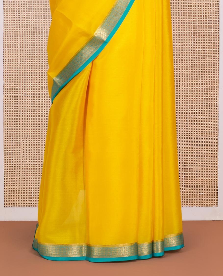 Yellow Plain Mysore Silk Saree, Complemented by a Contrast Traditional Zari Design Border, Zari-Buttas Woven Pallu, and Paired with a Contrast Blouse