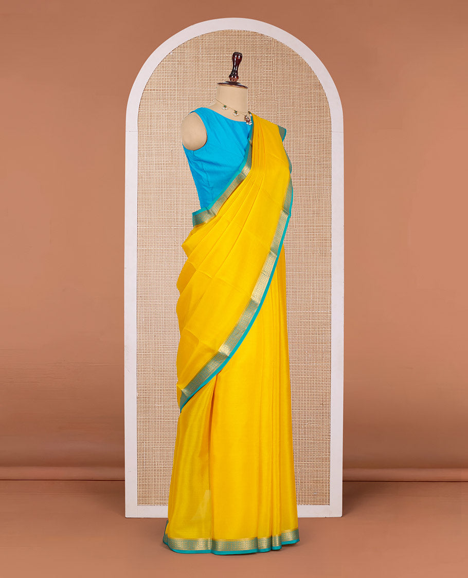 Yellow Plain Mysore Silk Saree, Complemented by a Contrast Traditional Zari Design Border, Zari-Buttas Woven Pallu, and Paired with a Contrast Blouse