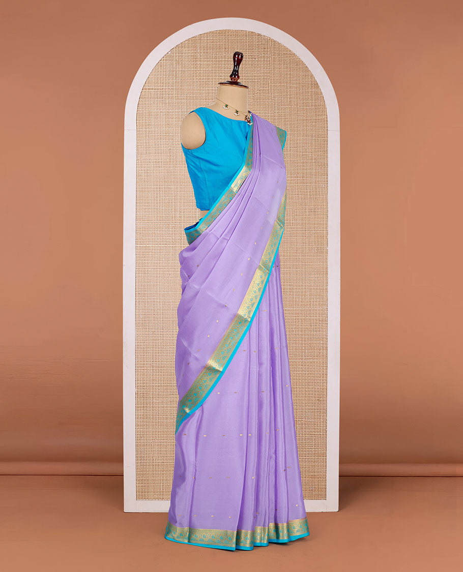 Lavender Mysore Silk Saree, Detailed with Zari Buttas All Over Its Body, Complemented by a Contrast Traditional Zari Design Border, Zari-Buttas Woven Pallu, and Paired with a Contrast Blouse
