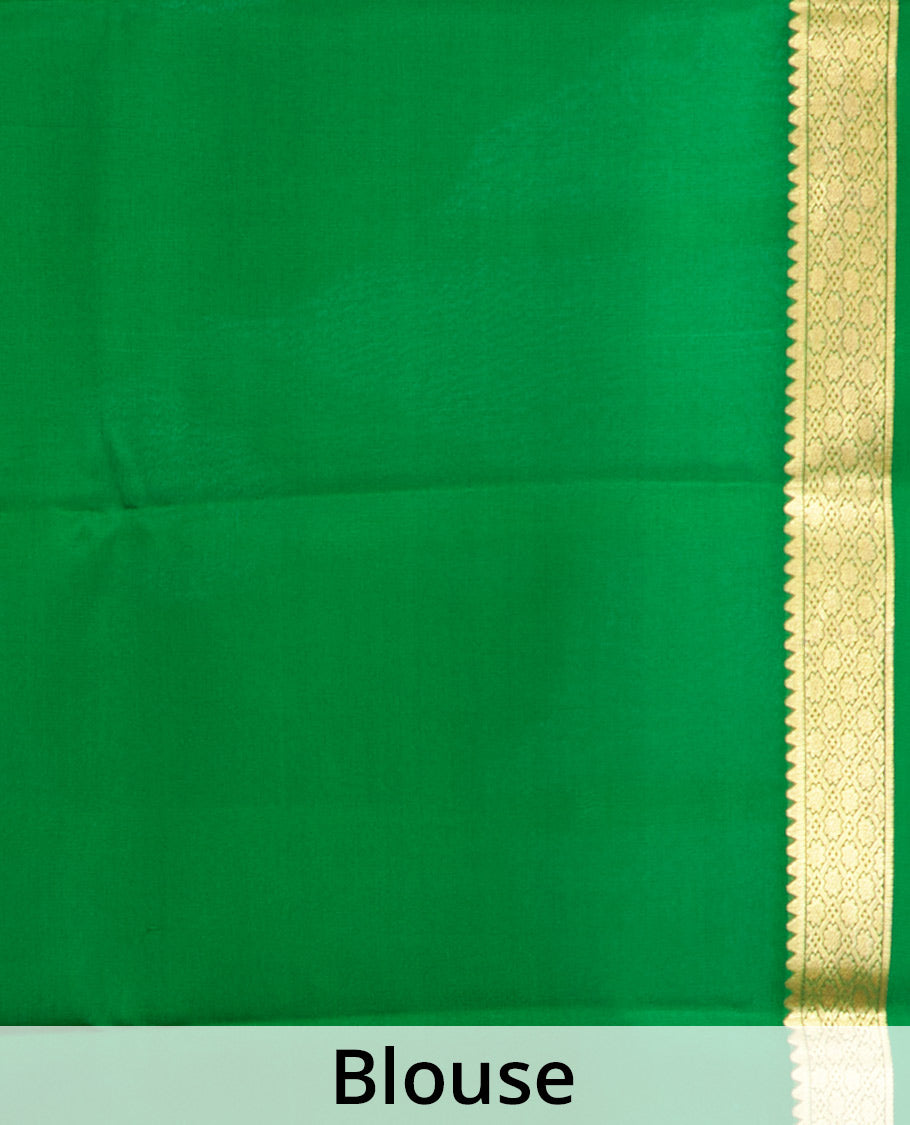 White Plain Mysore Silk Saree, Complemented by a Contrast Traditional Zari Design Border, Zari-Striped Pallu, and Paired with a Contrast Blouse