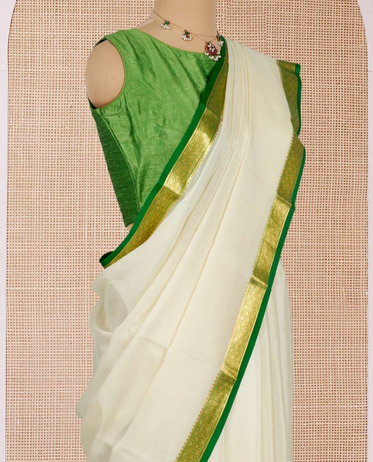 White Plain Mysore Silk Saree, Complemented by a Contrast Traditional Zari Design Border, Zari-Striped Pallu, and Paired with a Contrast Blouse