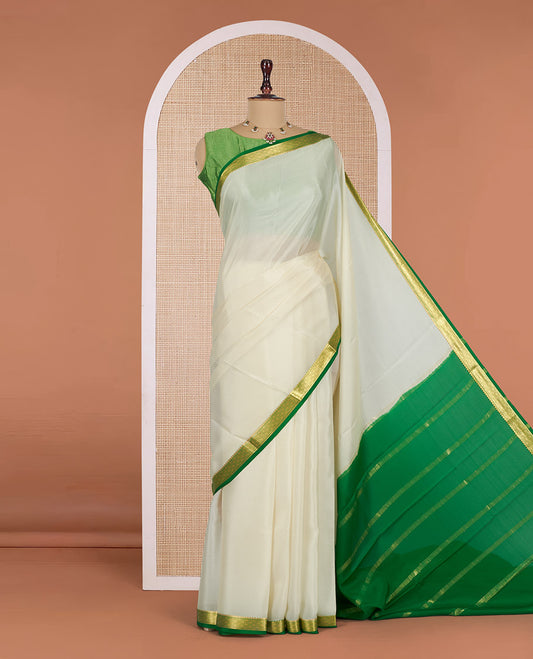 White Plain Mysore Silk Saree, Complemented by a Contrast Traditional Zari Design Border, Zari-Striped Pallu, and Paired with a Contrast Blouse