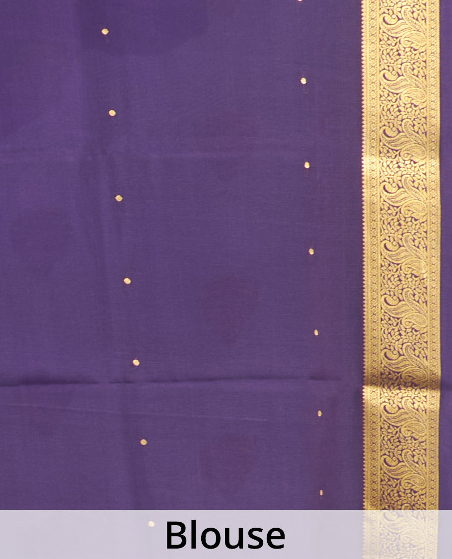 Green Mysore Silk Saree, Gleamed Up with Zari Buttas All Over Its Body, Complemented by a Contrast Traditional Zari Design Border, Zari-Buttas Woven Pallu, and Paired with a Contrast Blouse