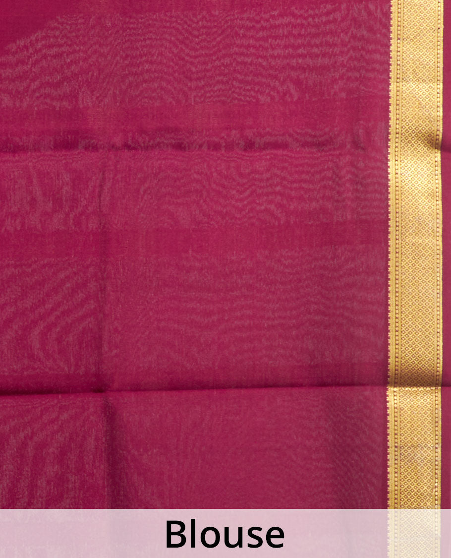 Green Plain Mysore Silk Saree, Complemented by a Contrast Traditional Zari Design Border, Zari-Striped Pallu, and Paired with a Contrast Blouse
