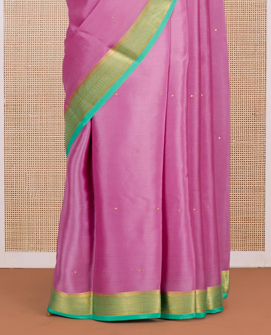 Pink Mysore Silk Saree, Subtly Sparkled with Zari Buttas All Over Its Body, Complemented by a Contrast Traditional Zari Design Border, Zari-Buttas Woven Pallu, and Paired with a Contrast Blouse