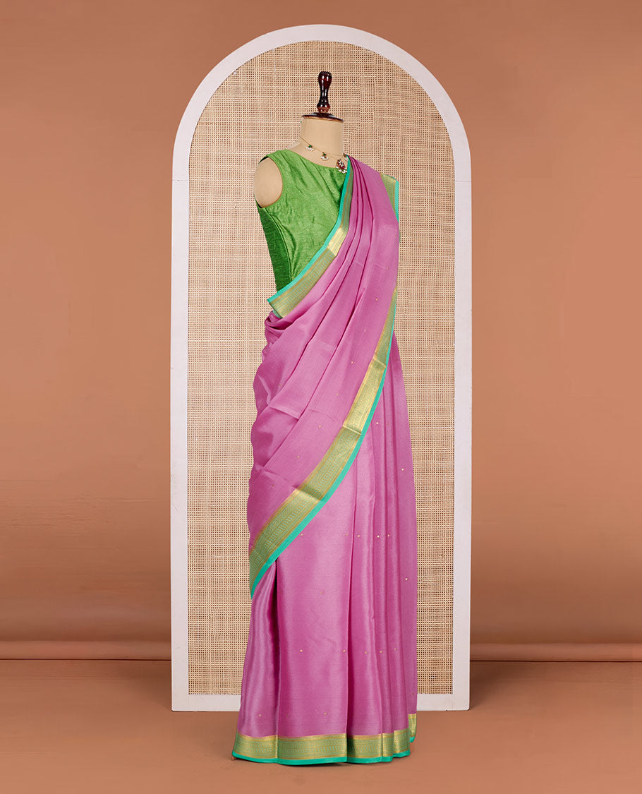 Pink Mysore Silk Saree, Subtly Sparkled with Zari Buttas All Over Its Body, Complemented by a Contrast Traditional Zari Design Border, Zari-Buttas Woven Pallu, and Paired with a Contrast Blouse