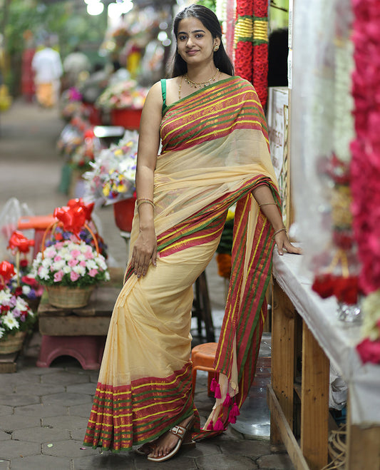 Sandal Plain Khadi Mul Cotton Saree, Contrast Zari Design Border, a Self-Pallu, and a Matching Blouse