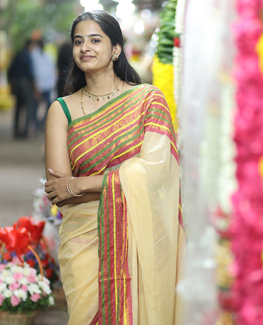 Sandal Plain Khadi Mul Cotton Saree, Contrast Zari Design Border, a Self-Pallu, and a Matching Blouse