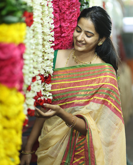Sandal Plain Khadi Mul Cotton Saree, Contrast Zari Design Border, a Self-Pallu, and a Matching Blouse