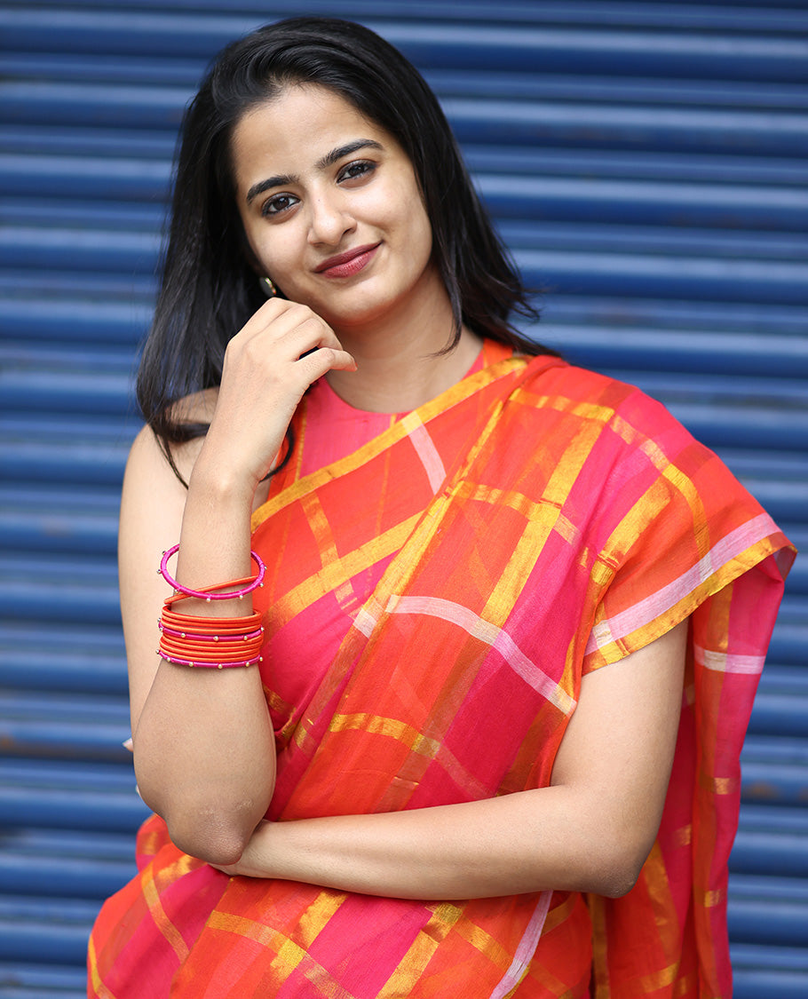 Borderless Orange Khadi Mul Cotton Saree, Featuring Checked Block and Zari Checks, a Self-Pallu, and No Blouse