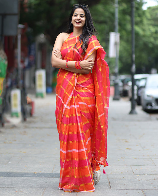Borderless Orange Khadi Mul Cotton Saree, Featuring Checked Block and Zari Checks, a Self-Pallu, and No Blouse