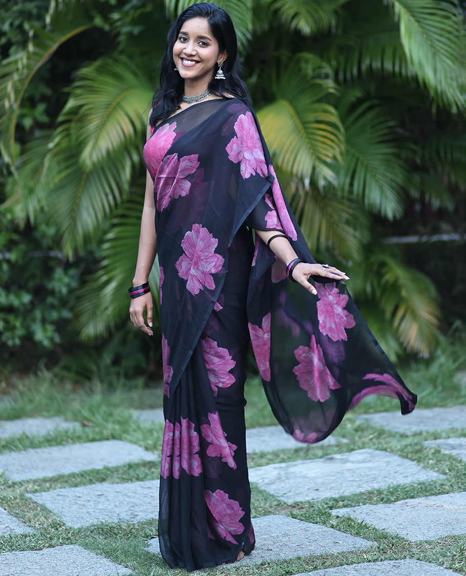 Borderless Black Rangoli Chiffon Saree