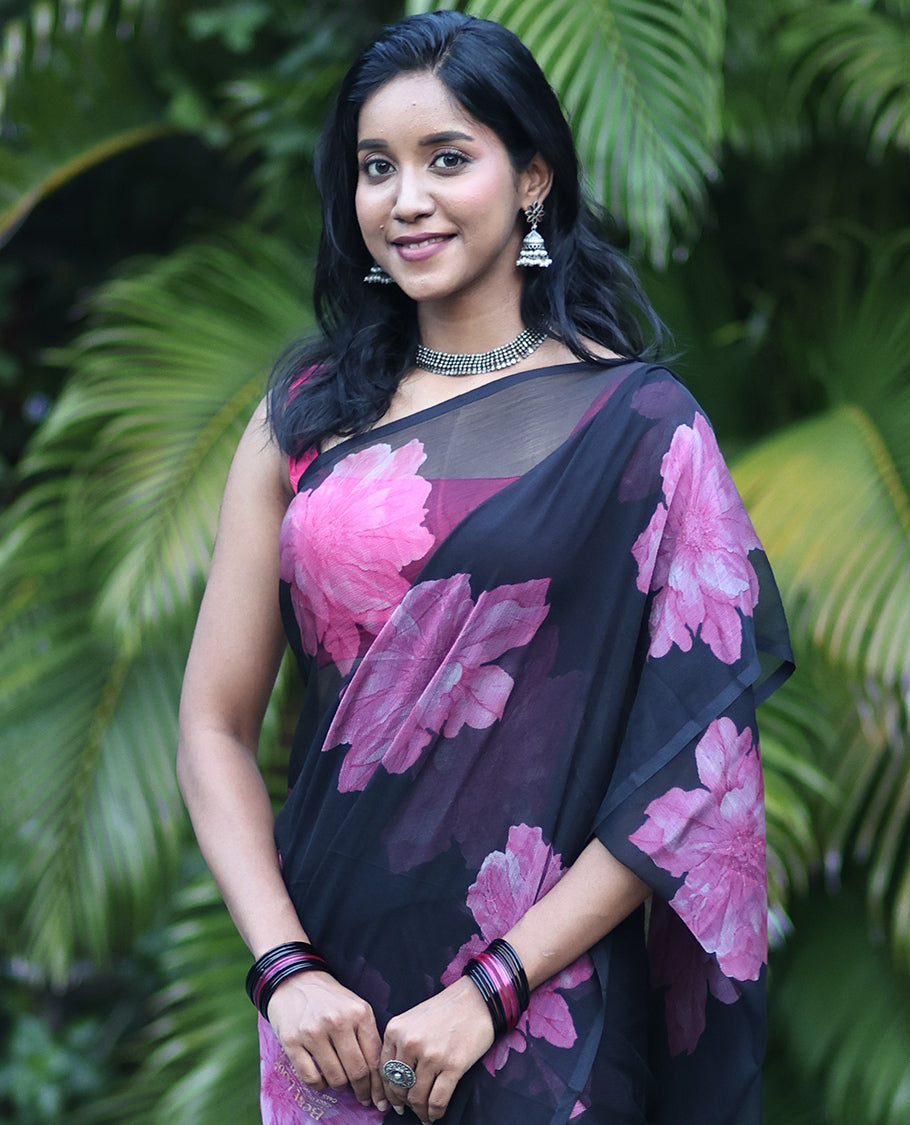 Borderless Black Rangoli Chiffon Saree