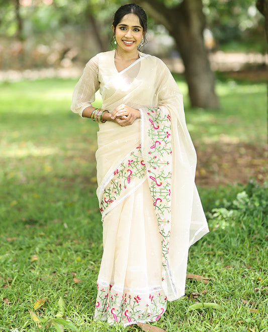 Cream Kota Doria Saree, Subtly Sparkled With Buttas, a Floral-Bird Thread Work Border, a Self-Pallu, a Matching Blouse