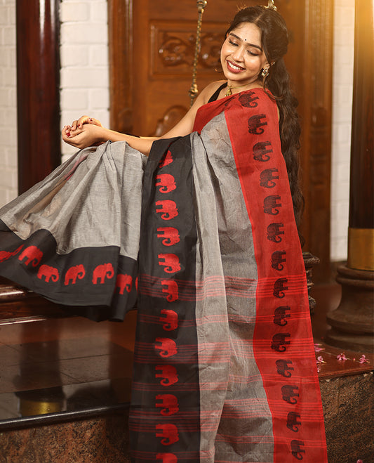 Grey-Black Plain Bengal Cotton Saree