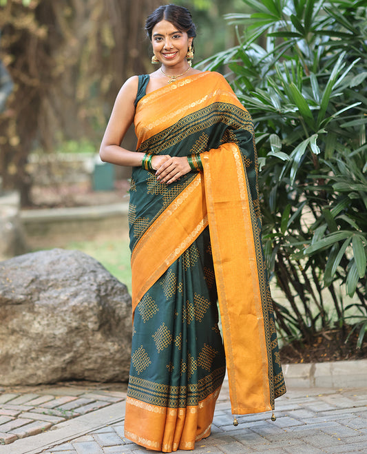 Green Art Tussar Saree, Adorned with Kolam Buttas, a Contrast Rettai Pettu Rudraksham Border, Kolam Pallu, and a Contrast Blouse