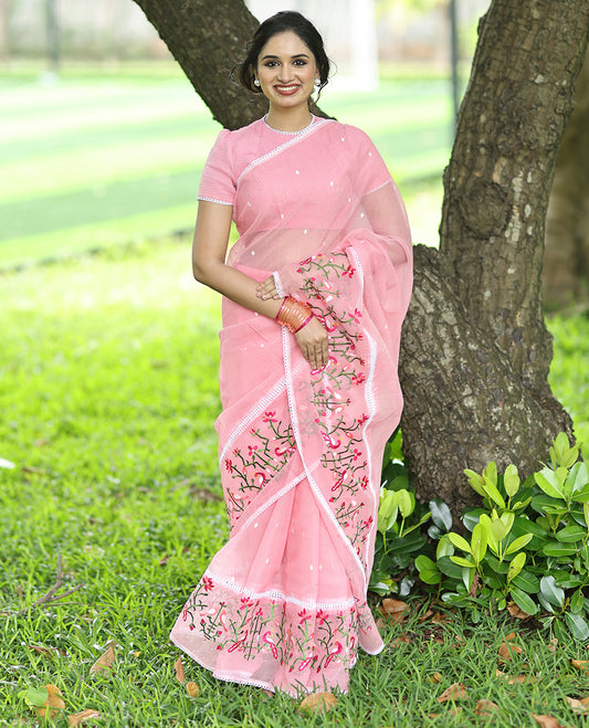 Peach Kota Doria Saree, Subtly Sparkled With Buttas, a Floral-Bird Thread Work Border, a Self-Pallu, a Matching Blouse