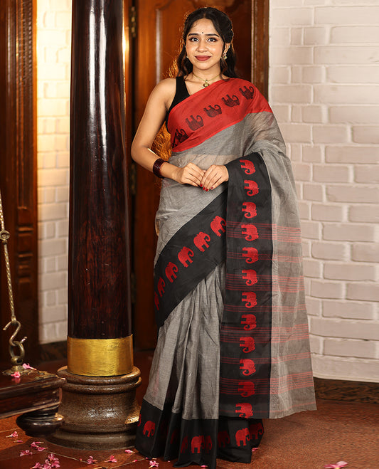 Grey-Black Plain Bengal Cotton Saree
