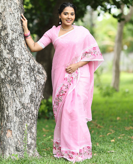 Pink Kota Doria Saree, Subtly Sparkled With Buttas, a Floral-Bird Thread Work Border, a Self-Pallu, a Matching Blouse