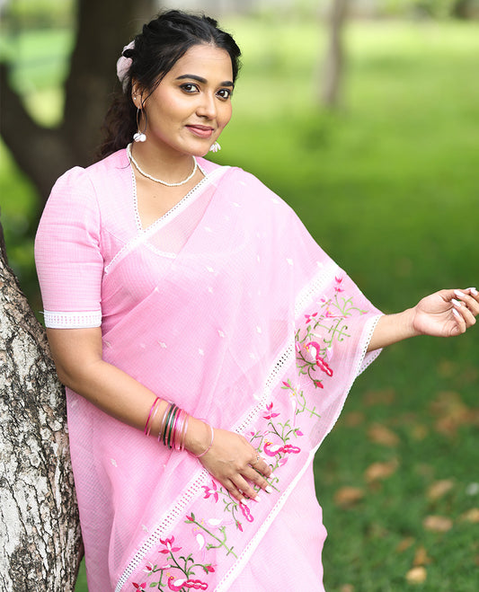 Pink Kota Doria Saree, Subtly Sparkled With Buttas, a Floral-Bird Thread Work Border, a Self-Pallu, a Matching Blouse