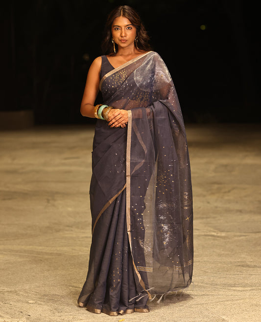 Navy Blue Chanderi Cotton Saree