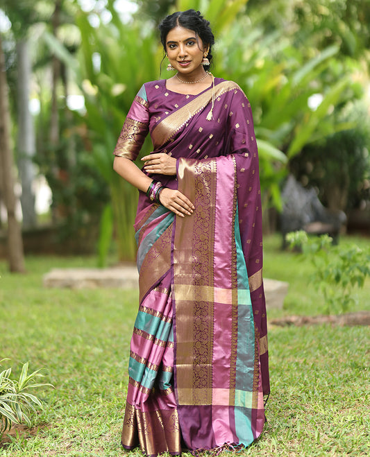 Purple Semi-Katan Silk Saree, Adorned with Zari Designs, Contrast Floral Creeper Border, Self-Pallu, and Matching Blouse