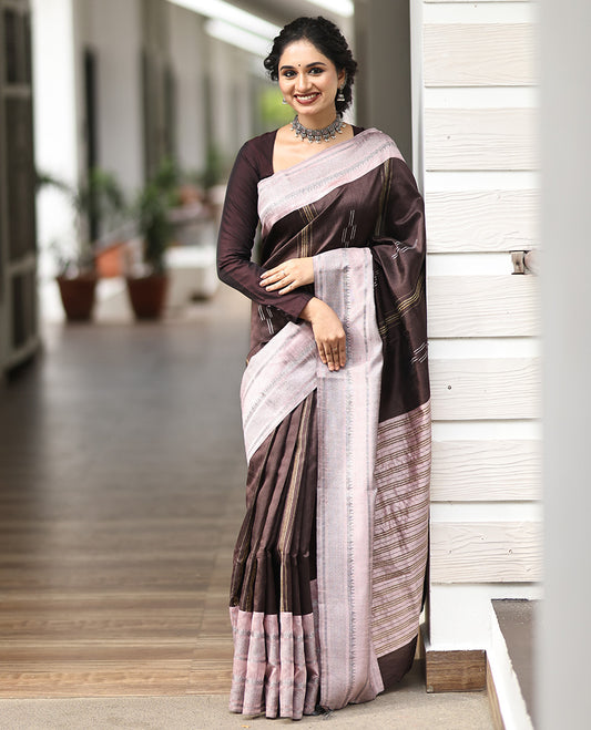 Brown Semi-Raw Silk Saree, Subtly Woven with Thread Stripes and Buttas, a Contrast Traditional Zari Border, Striped Pallu, a Contrast Blouse