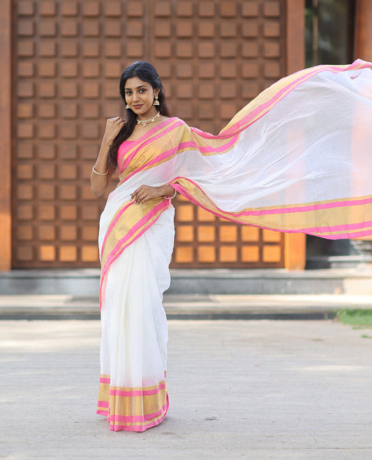 Cream Plain Khadi Mul Cotton Saree, Complemented by a Contrast Pink Zari Border, a Self-Pallu, and No Blouse