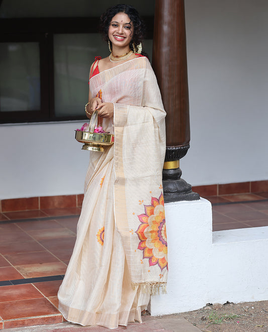Cream Kerala Cotton Saree, Ornamented with Poo Kolam Print, a Zari Border, Poo Kolam-Printed Pallu, and a Matching Blouse