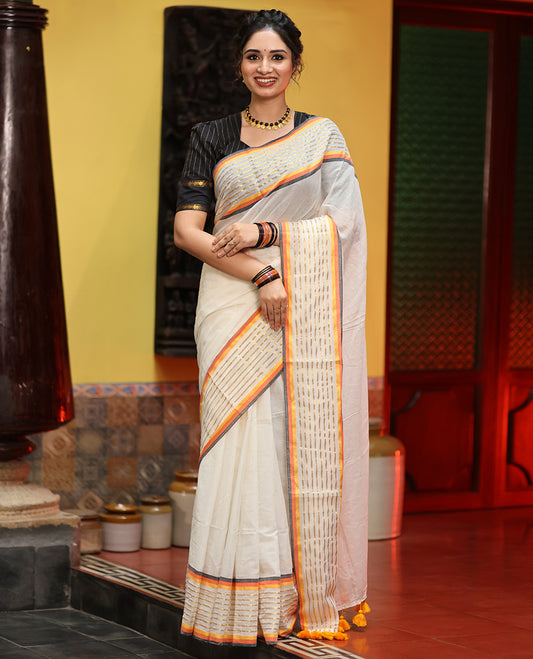 Cream Plain Khadi Mul Cotton Saree, Contrast Gold Zri Striped Border, a Self-Pallu, and No Blouse