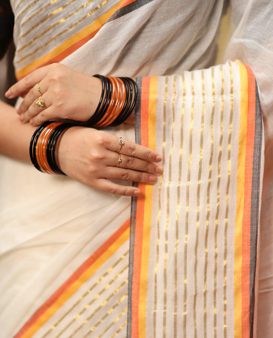 Cream Plain Khadi Mul Cotton Saree, Contrast Gold Zri Striped Border, a Self-Pallu, and No Blouse
