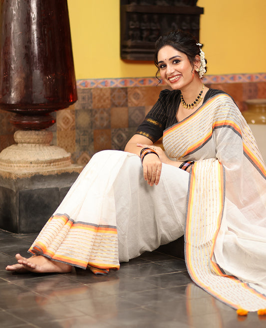 Cream Plain Khadi Mul Cotton Saree, Contrast Gold Zri Striped Border, a Self-Pallu, and No Blouse