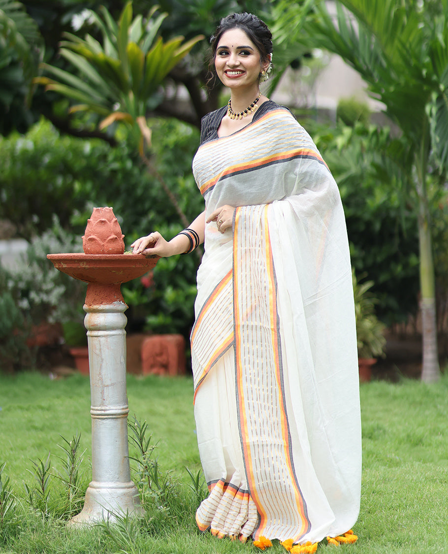 Cream Plain Khadi Mul Cotton Saree, Contrast Gold Zri Striped Border, a Self-Pallu, and No Blouse