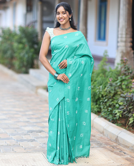 Borderless Rama Blue South Cotton Saree, Steeped with Tamil Letters Print, Has a Matching and Contrast Block Printed Blouse