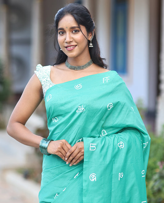 Borderless Rama Blue South Cotton Saree, Steeped with Tamil Letters Print, Has a Matching and Contrast Block Printed Blouse