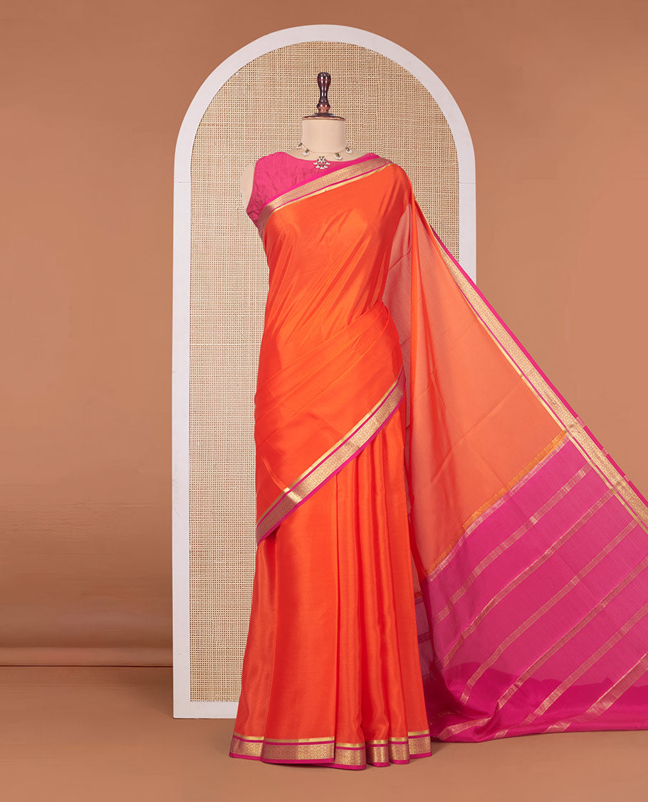 Orange Plain Mysore Silk Saree, Complemented by a Contrast Traditional Zari Design Border, Zari Striped Pallu, and Paired with a Contrast Blouse