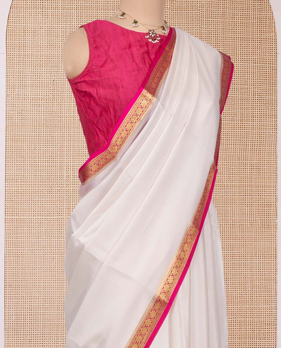 White Plain Mysore Silk Saree, Complemented by a Contrast Flower Zari Design Border, Zari Striped Pallu, and Paired with a Contrast Blouse
