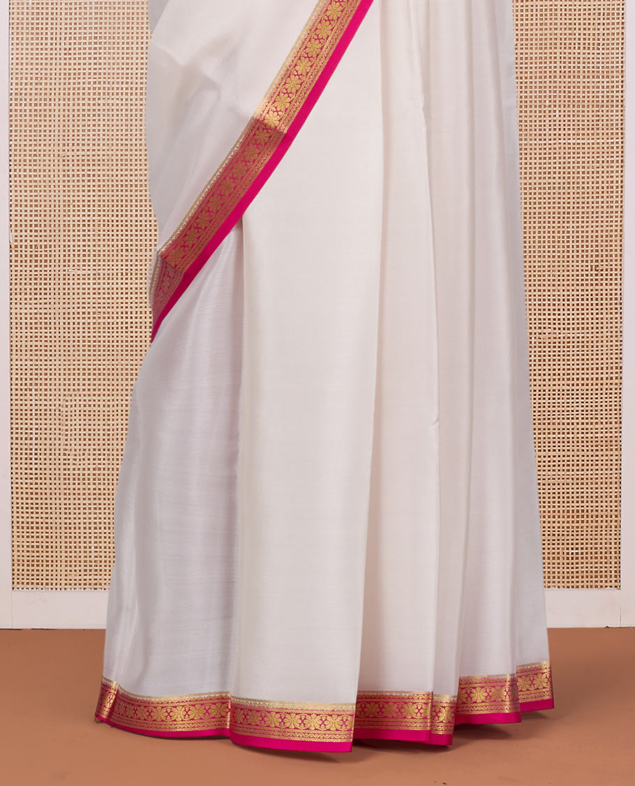 White Plain Mysore Silk Saree, Complemented by a Contrast Flower Zari Design Border, Zari Striped Pallu, and Paired with a Contrast Blouse