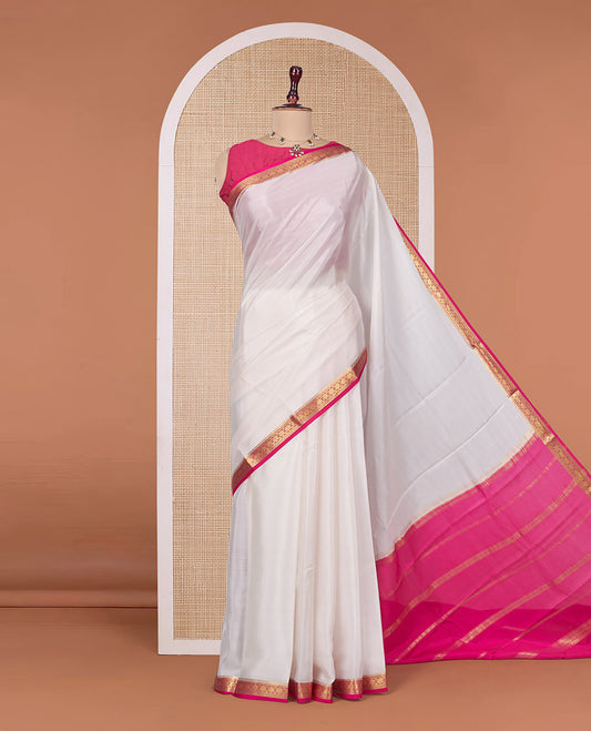 White Plain Mysore Silk Saree, Complemented by a Contrast Flower Zari Design Border, Zari Striped Pallu, and Paired with a Contrast Blouse
