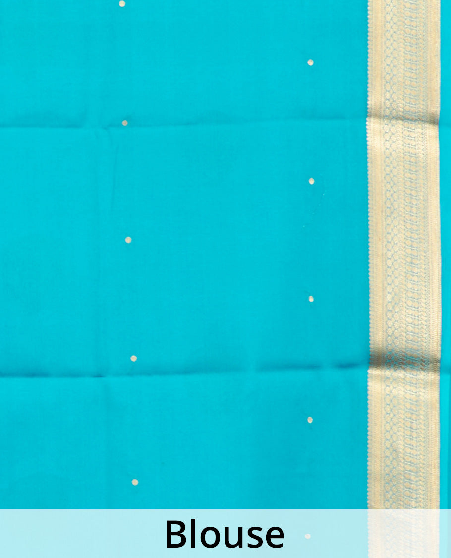 Royal Blue Mysore Silk Saree, Subtly Woven with Buttas All Over Its Body, Complemented by a Contrast Traditional Zari Design Border, Zari-Buttas Woven Pallu, and Paired with a Contrast Blouse
