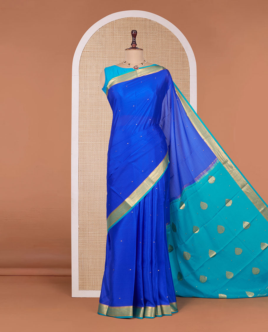 Royal Blue Mysore Silk Saree, Subtly Woven with Buttas All Over Its Body, Complemented by a Contrast Traditional Zari Design Border, Zari-Buttas Woven Pallu, and Paired with a Contrast Blouse