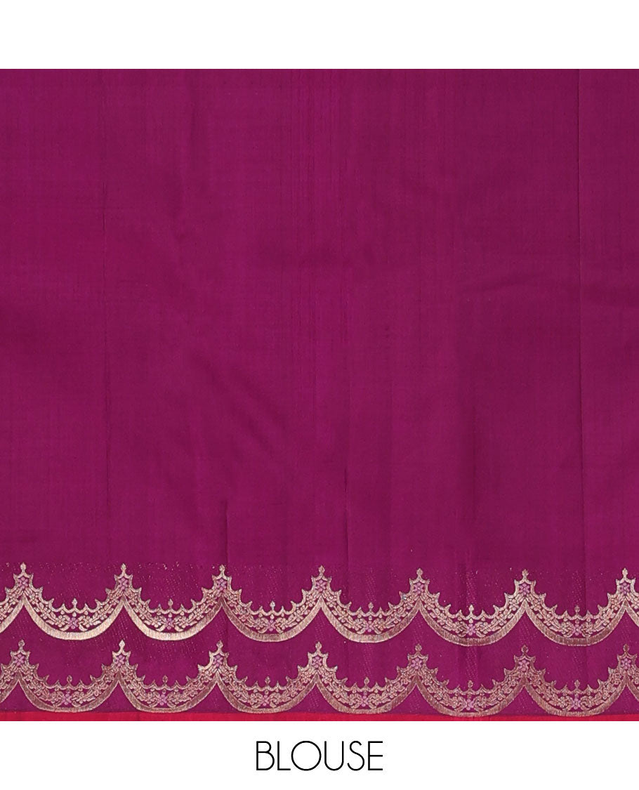 Purple kolam buttas Kanchipuram silk saree, zari scallop border & pallu of scallop vanki designs in zari