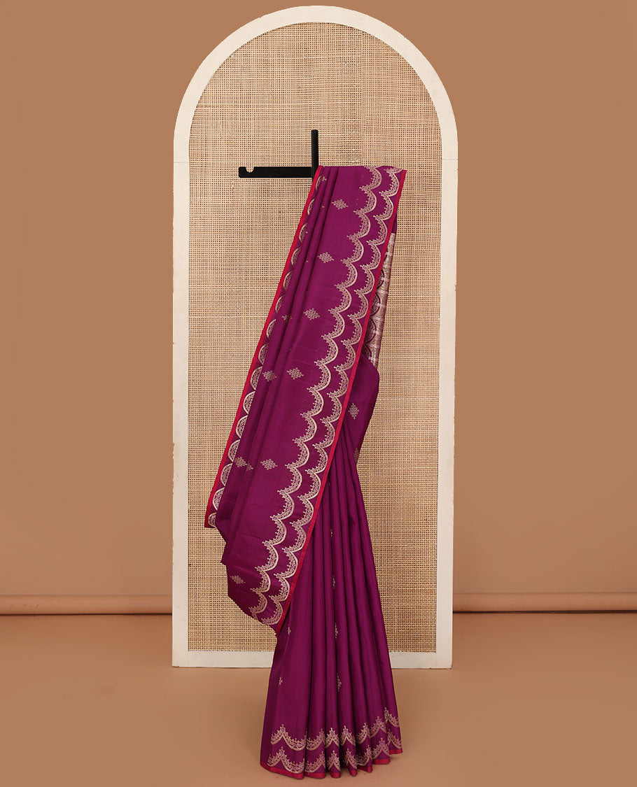 Purple kolam buttas Kanchipuram silk saree, zari scallop border & pallu of scallop vanki designs in zari